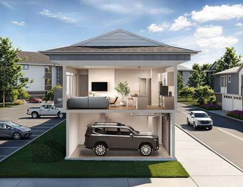 A modern house with a car garage is shown in the image.